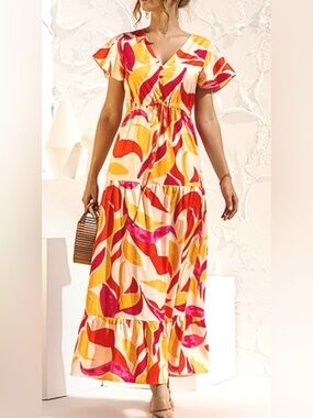 Deli.S Vibrant Floral Tiered Maxi Dress Cinched Waist Short Sleeve NWT’s Size 12